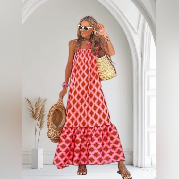 Dresses & Skirts - BOHEMIAN RED & PINK ARGYLE PRINT MAXI DRESS NWT